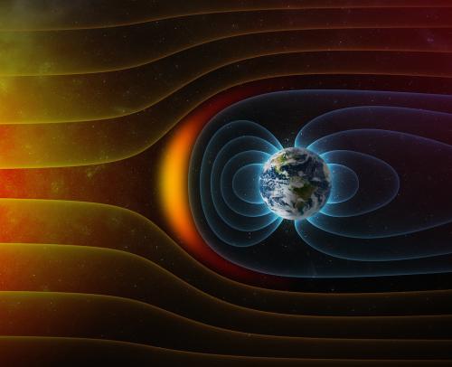 Illustration över hur jordens magnetfält skyddar mot solvinden